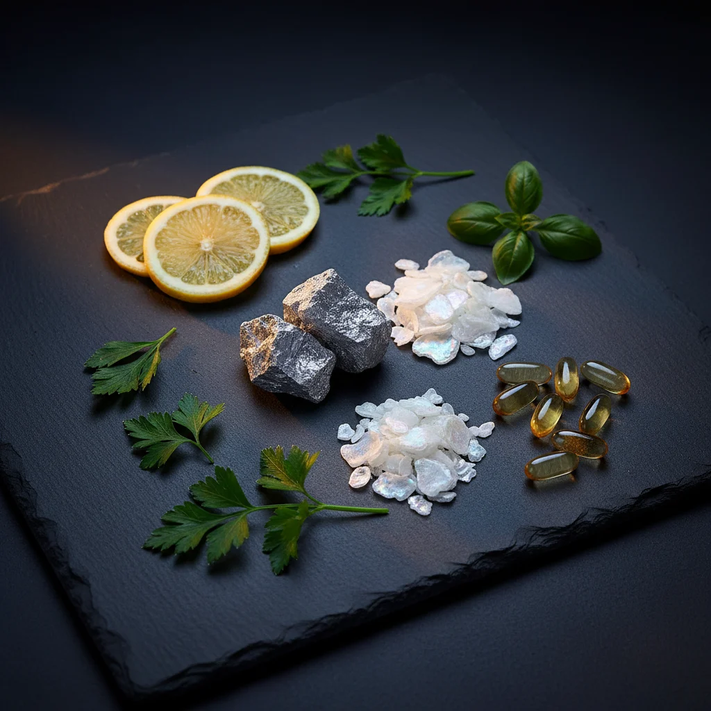 Naturliga ingredienser: zink, magnesium, citron och gröna örter på mörk sten